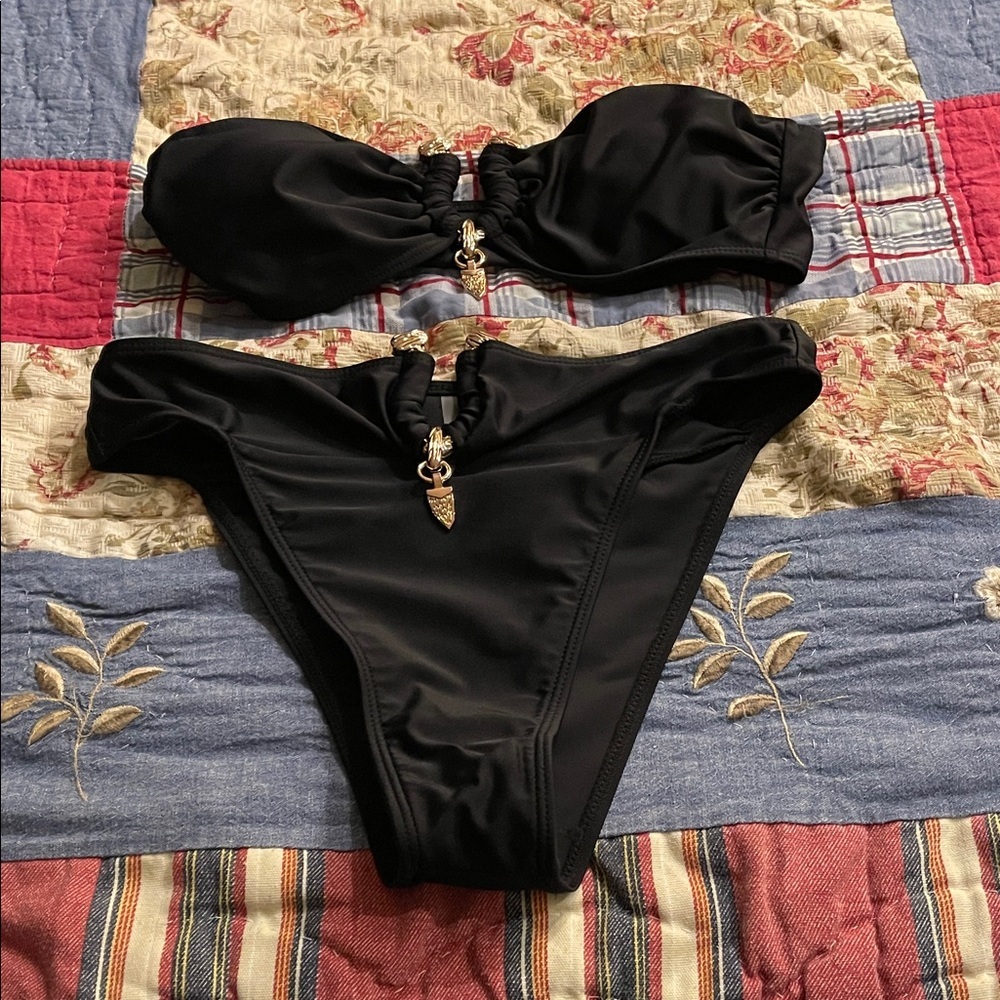 NEW without tags Black Strapless Bikini with Gold Accents